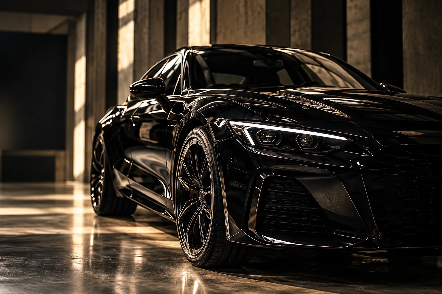 Graphite luxury coupe in a softly lit forest-green automotive atelier