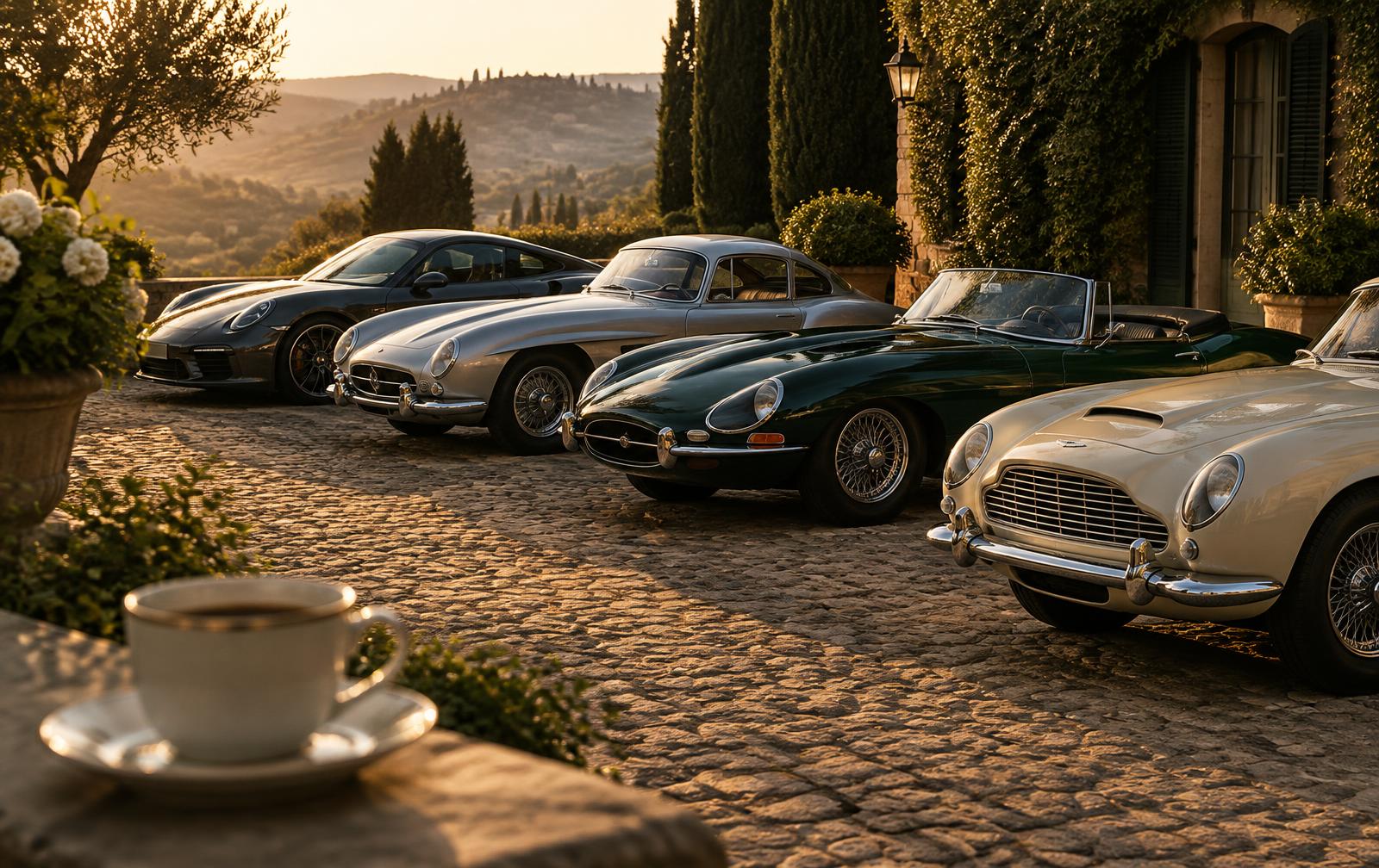 Illustrative image of classic and modern sports cars gathered on a sunlit courtyard